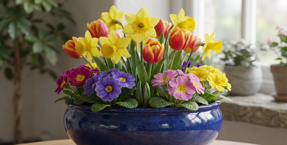 Primeln, Narzissen und Tulpen in einer Schale